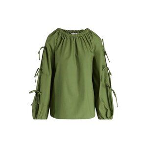 Free Assembly Women's Gathered Neck Cotton Top, Long Tie Sleeves, Size M (8-10)